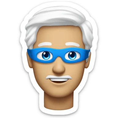 tall and lean man in his late twenties with a head full of white hair and vivid blue eyes which are covered by a blindfold sticker