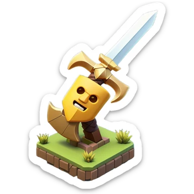 Clash of Clans aesthetic: Cinematic Playful Pixel 3D Sword Portrait Emoji, rendered in a 3D vector-style similar to standard emojis with minimal shading and bold, simplified shapes. A compact, distinct form with signature details, softly glowing with a pixelated adventure charm. Simplified yet unmistakably iconic, highly detailed and consistent, glowing with a soft radiance and high shine. Stylized with a touch of classic pixel-art charm and a soft glowing outline, capturing the essence of a beloved gaming relic with a friendly, playful manner! sticker