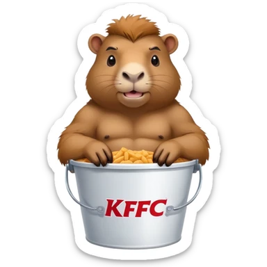 Muscular capybara with big muscles sitting in a KFC bucket sticker