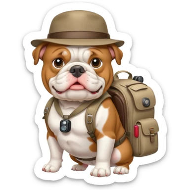 english bulldog tour guide with a backpack and camera sticker