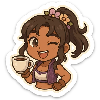 Azucena from Tekken 8, winking and holding a coffee cup, playful emote style sticker