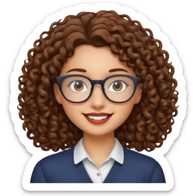 Young woman, curly brown hair, shoulder-length, brown lips, glasses sticker