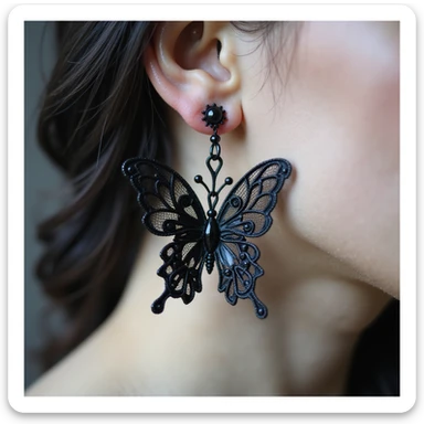 realistic goth earrings, black lace butterfly, delicate gothic, intricate details sticker