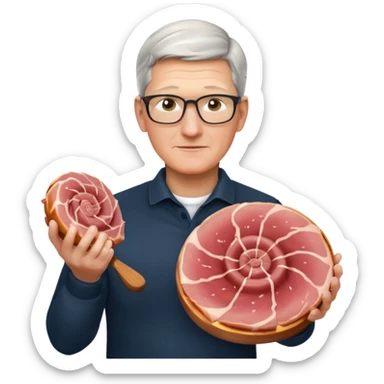Tim Cook holding a spiral ham sticker