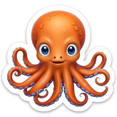 Cinematic Realistic Cute Octopus Portrait Emoji, Head tilted playfully and inquisitively, featuring a gracefully curving, compact body in vibrant orange adorned with delicate blue rings, and a charming, expressive face with round, sparkling eyes full of curious wonder; rendered with lifelike detail and soft natural highlights, high shine, affectionate and enchanting, styled with a touch of whimsical ocean magic, soft glowing outline, capturing the essence of a mischievous yet lovable octopus that seems poised to slither playfully into your arms! sticker