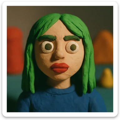 girl with green hair like Billie Eilish and red lipstick, claymation style sticker
