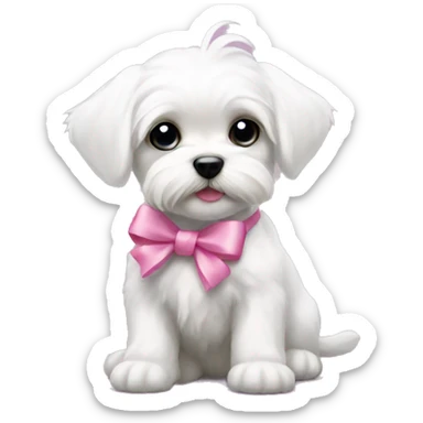 Mini white maltese puppy with a pink bow sticker