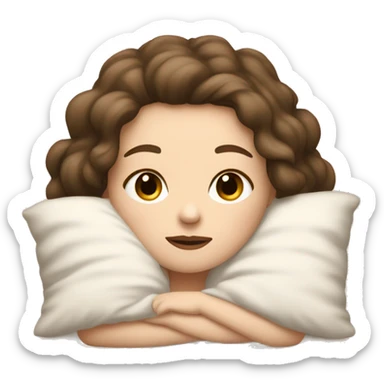 white girl, dir darkbrown hair laying in bed sleeping like e baby. bed color is alls in beige and white sticker