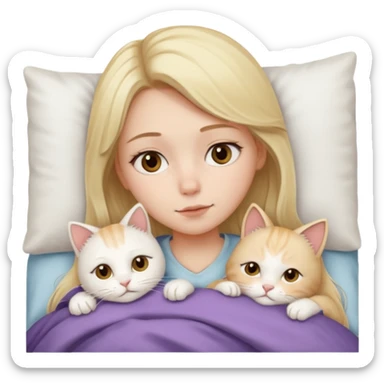 They recreate a photo of a blonde girl with light brown eyes, lying in bed sick with the flu, with her cat white nearby. sticker