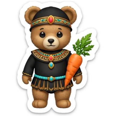 teddy bear, wearing black mayan ancient custome, with carrot half body sticker