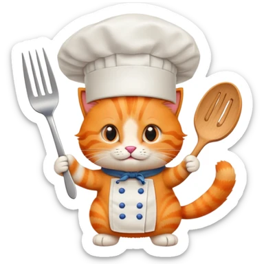 orange cat with cook hat with fork in hand sticker