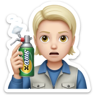 Gojo using a can of raid bug spray looking disgusted sticker