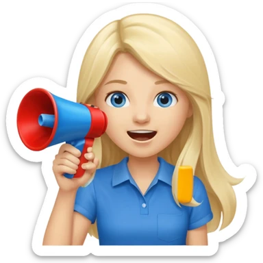 blue eyes blonde girl yelling into megaphone saying timeout long hair smiling sticker