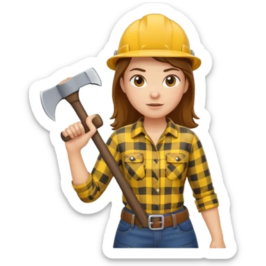 lumberjack woman holding axe yellow checked shirt sticker
