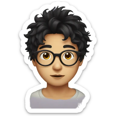 rounded glasses, messy black hair face indie sticker