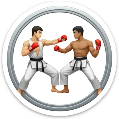 Round emblem symbolizing striking martial arts. The emblem features two fighters in dynamic stances, one delivering a powerful punch while the other defends with a block. In the center, a stylized fist and foot crossed to represent the essence of striking.  sticker