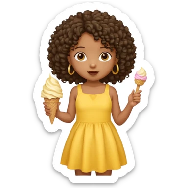 a little black girl kid with curly hair, yellow dress, eat ice cream sticker