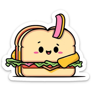 cartoon style messy sandwich with a bite taken out, hand with pink fingernails holding it sticker