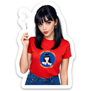 Sexy young woman lighting up a cigarette she has long dark blue black hair with front bangs and she’s wearing a red t shirt  sticker