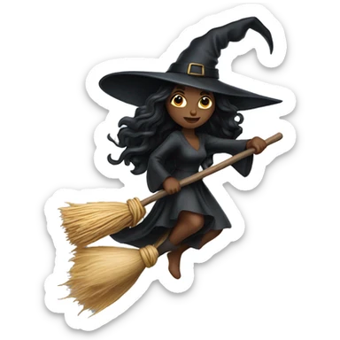 black long hair witch flying on a broom white skin sticker
