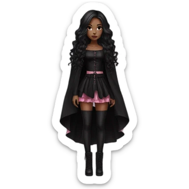 Pink and black gothic clothes, Brown skin girl, full body, long hair, red and black hair sticker