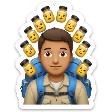 man has 10 small glass jars on his back, emoji from above sticker