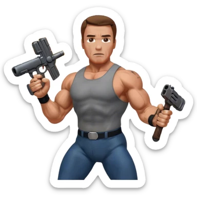 Icon for Action Movies: Arnold Schwarzenegger in the lead role, in an intense action pose with weapons, explosions, and dramatic background. The design should evoke the classic action movie feel with muscle-bound heroes and high-energy sequences. Transparent background. sticker