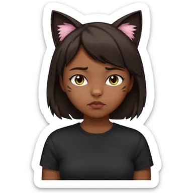 a girl with short dark brown hair with lots of dandruff , cat ears and a tail, with a black t-shirt on sticker