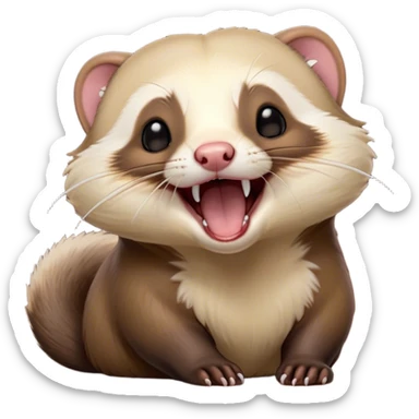 Cinematic Cute Yawning sable ferret Portrait Emoji, Head tilted slightly with an exaggerated, wide-open yawn, showcasing a long, flexible body with a plush fur in soft brown and cream, droopy, drowsy eyes, and a relaxed expression, Simplified yet irresistibly endearing features, highly detailed, glowing with a soft, cozy natural glow, high shine, relaxed yet expressive, stylized with a dash of whimsical charm, soft glowing outline, capturing the essence of a sleepy yet affectionate sable ferret that seems ready to curl up for a nap! sticker