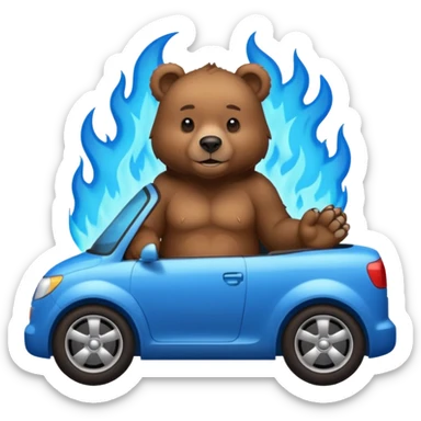 brown bear sitting in a blue burning car sticker