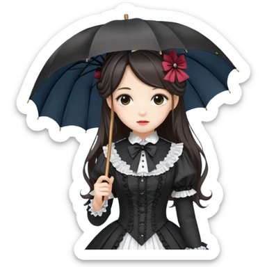 Beautiful pretty Victorian gothic Lolita lady, anime style, gorgeous hair, beautiful dress, holding umbrella sticker