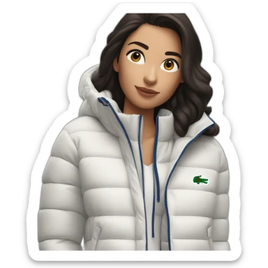brunette latina woman using Lacoste puffer jacket sticker