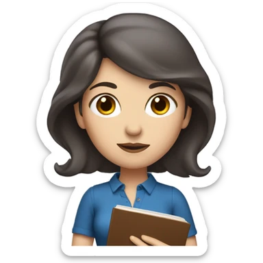 White woman with dark brown hair and eyes holding a book. Blue outfit sticker