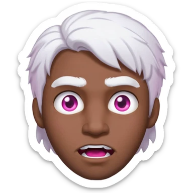Um homem jovem sem barba, de pele negra, com cabelos médios e brancos como neve, e olhos de iris rosa pink muita raiva, com pele negra sticker