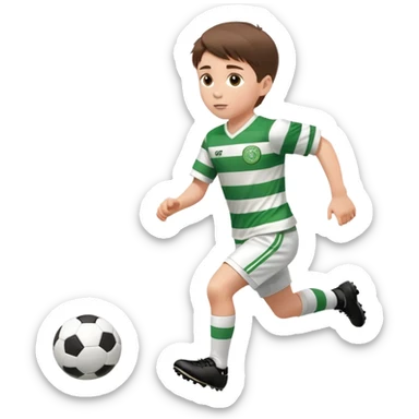 Celtic footballer jersey logo  6 years old brown hair white boy , brown eyes , stripes uniform , RUNNING  with soccer ball # 17 celtic football logo  ONE CELTIC LOGO ONLY white shorts sticker