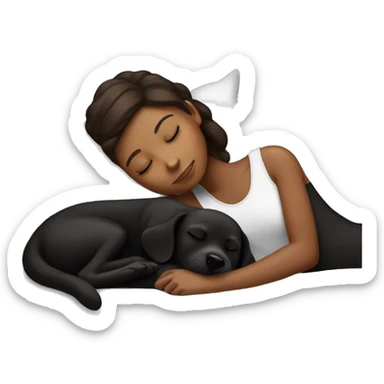 Brown skin girl brown hair sleeping with black puppy sticker