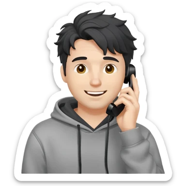 a white man with black messy, grey hoodie taking a call, happy sticker