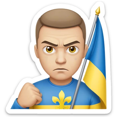 super-realistic angry Ukrainian with ukranian flag sticker