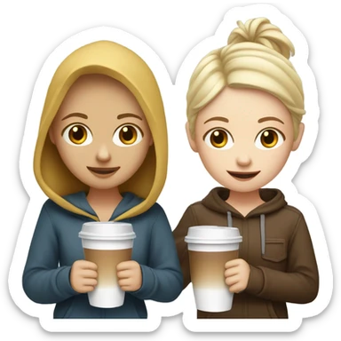 two white-skinned friends, one with blonde hair and the other with brown hair, drinking a cold coffee dressed in hoddies sticker