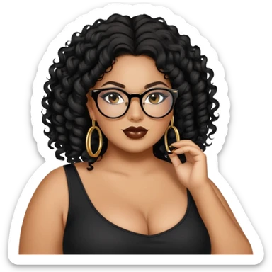 big plus size, latina, darker tan skin, gold hoops, long black curly hair, baddie,pretty, makeup, lipgloss, black eyeliner, long hair, black top, black glasses sticker