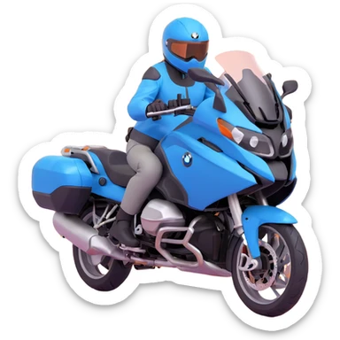 blue BMW R 1200 RT touring motorcycle with rider on road sticker