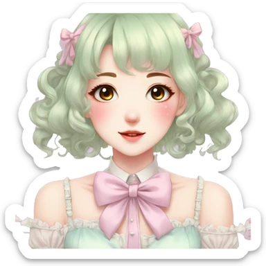 Gorgeous pastel anime style lady with blushing face and laces bow ties necklace cottagecore fairycore pastelcore colorful pearly romantic simplistic aesthetic trending style sticker