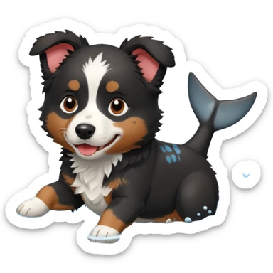 Black mini Australian Shepherd playing with a shark sticker