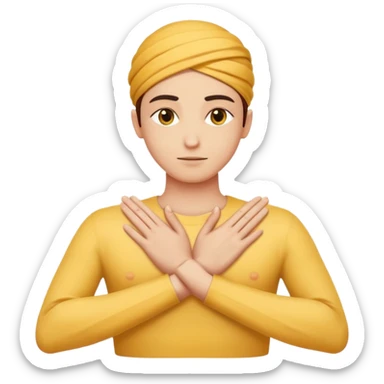 human hands crossed in an X over the chest, right hand on top, fingers straight and together, palms on chest, calm and graceful, yellow emoji color, minimal shading, 2D emoji style, expressing deep appreciation and respect inspired by Arab body language sticker