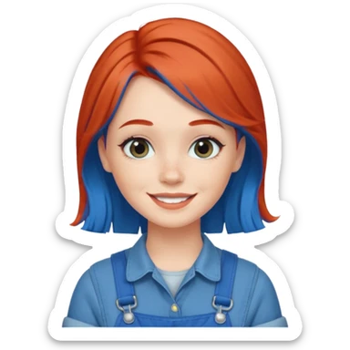 redheaded girl with blue hair, 1960s hairstyle, blue overalls, no text, smiling sticker
