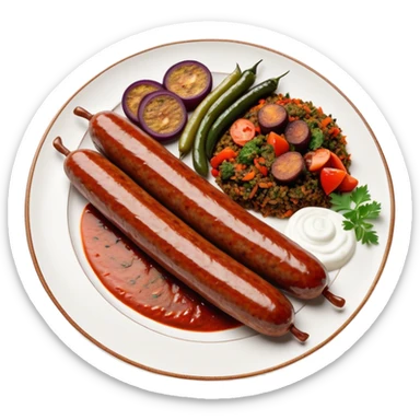 Cinematic Realistic image of a long, sausage-shaped Turkish Köfte, rendered with richly spiced meat textures and subtle grill marks, artfully arranged on a traditional Turkish ceramic plate alongside classic sides such as a serving of aromatic pilaf, crisp grilled vegetables, and a dollop of creamy yogurt, all bathed in warm, appetizing lighting that emphasizes its savory allure. sticker