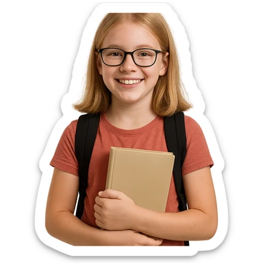 6th grade girl with blonde hair and glasses, smiling, holding a book sticker