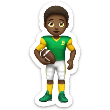 boy with blue eyes, wearing a green and yellow jersey holding a football sticker