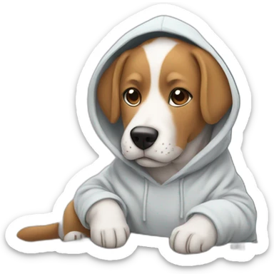 Sideways Dog with hoodie programming with paws on a laptop sticker