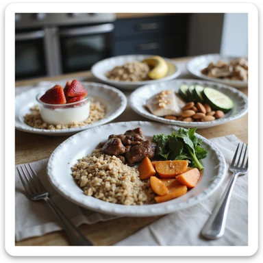 hyperrealistic 4K table with separate plates for 2000 calorie diet: breakfast with Greek yogurt, granola, strawberries; lunch with lean beef, barley, zucchini; dinner with tuna, sweet potatoes, spinach; snacks with banana, almonds, protein bar. Plates labeled with calories, modern kitchen atmosphere sticker
